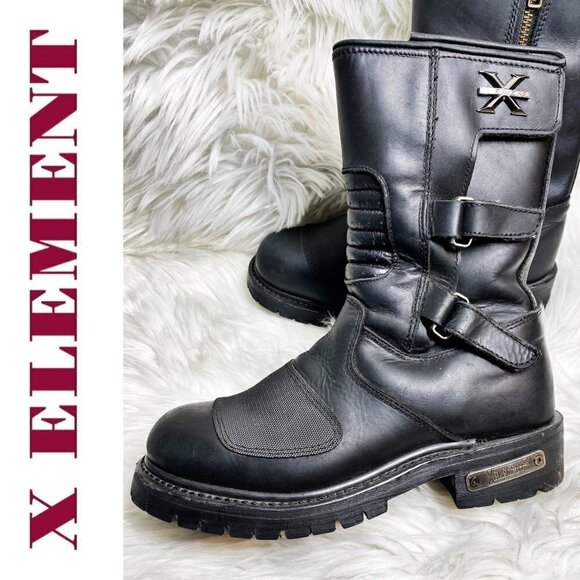 X ELEMENT Men's Black Leather Steel Toe Oil Resistant Moto Work Boots, Size 9 - Picture 12 of 14